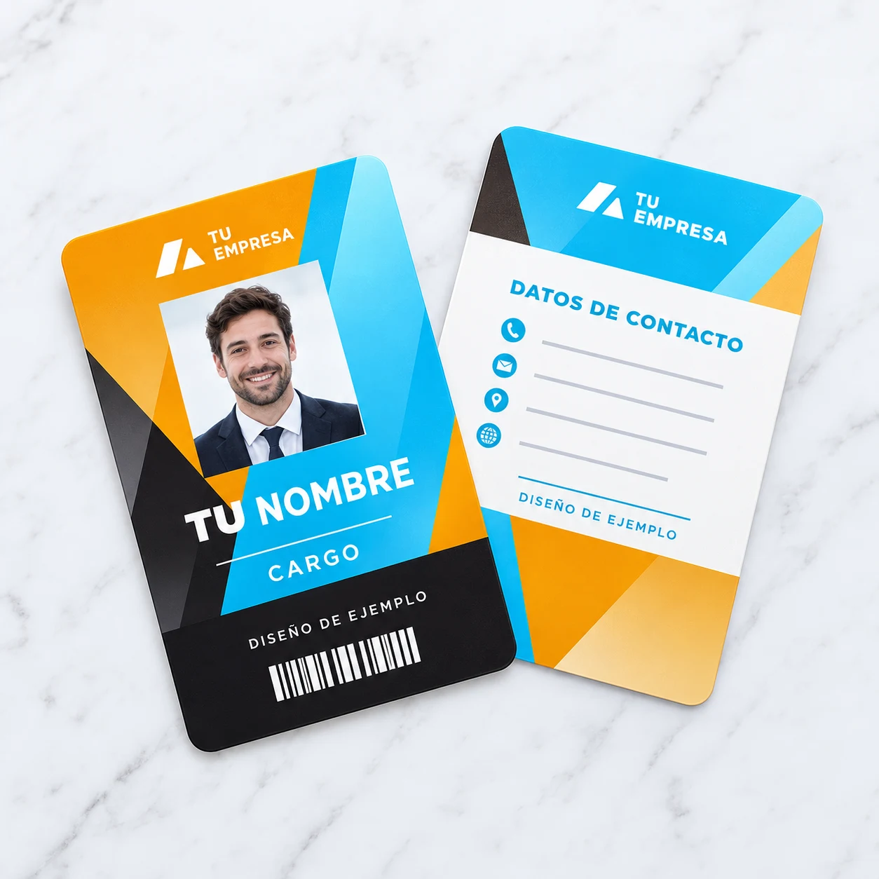 Diseño de ejemplo de carné PVC empresarial, frente y reverso