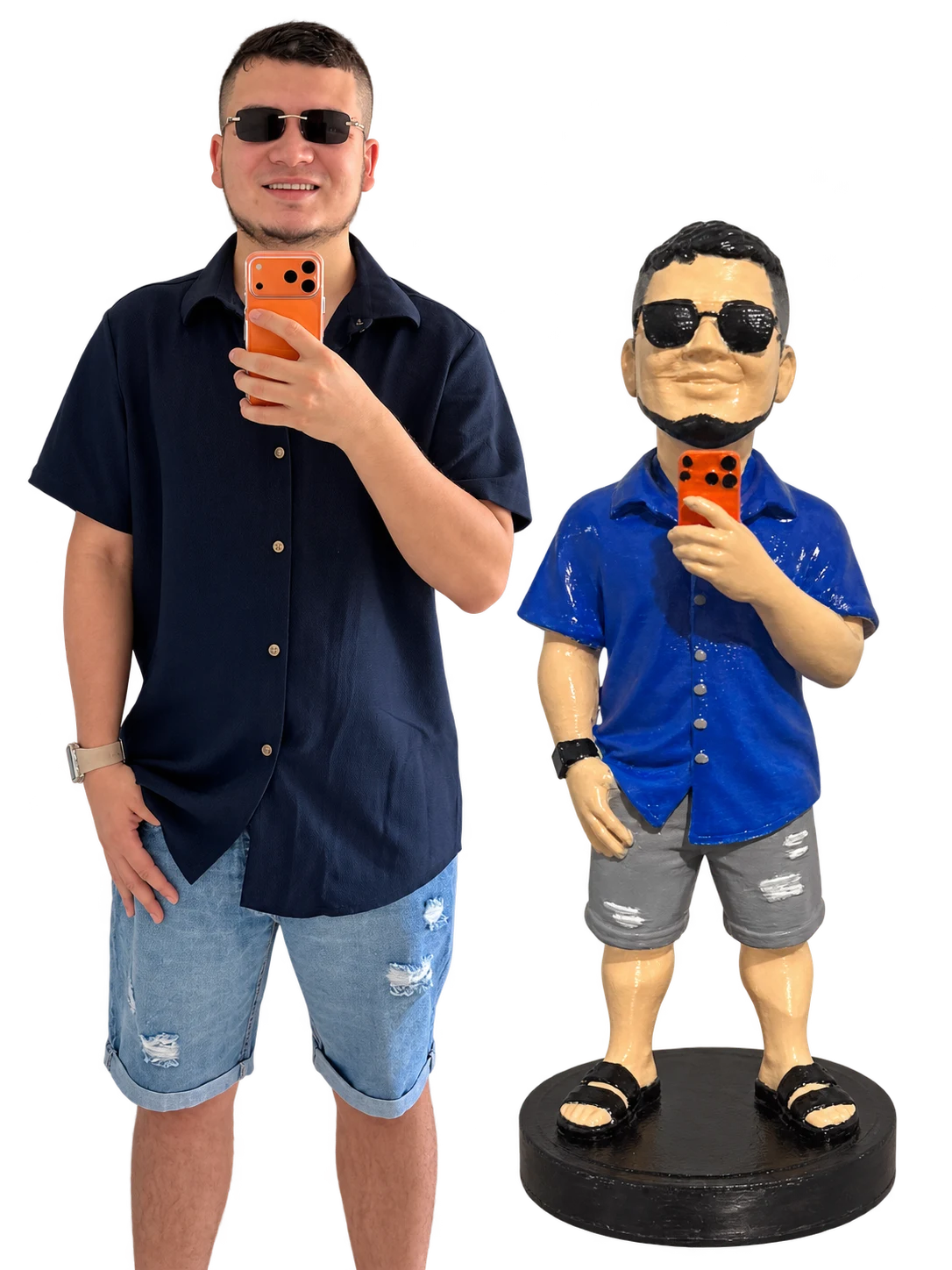 Foto real del cliente junto a su figura en 3D impresa y pintada